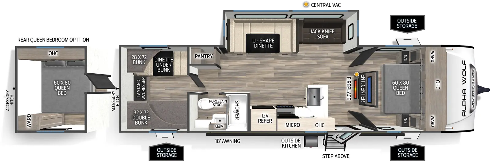 The Alpha Wolf 280QBS floorplan has one entry and one slide out. Exterior features include: fiberglass exterior, 18' awning and outside kitchen. Interiors features include: bunk beds, u-dinette, front bedroom, rear bedroom and two bedrooms.